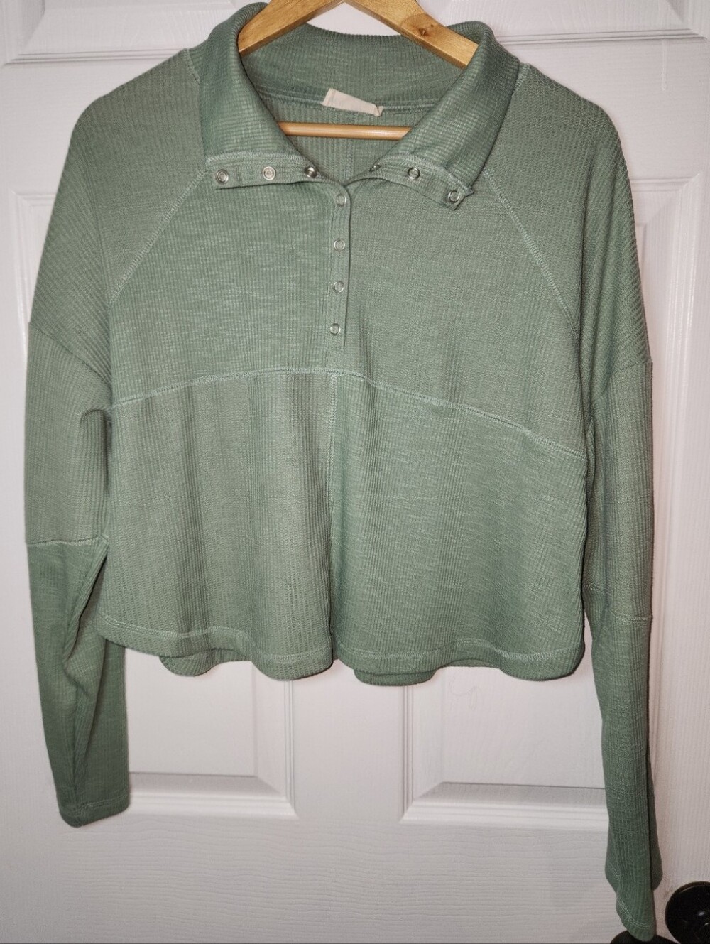Relaxed Waffle-Knit Polo Top in Sage Green